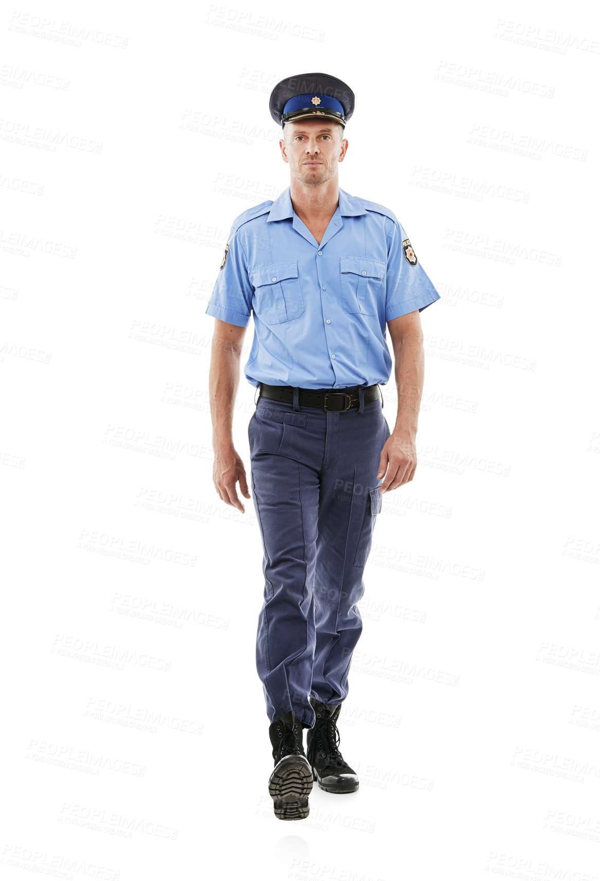 Buy stock photo Police officer, portrait and man walking for law enforcement march, public safety or security service watch. Protection guard, serious studio sheriff or crime hero isolated on white background