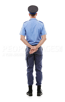 Buy stock photo Police, law and rear view of man in studio for crime, protection and safety against white background. Security, authority and back of male official ready for crime, justice and protection isolated