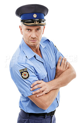 Buy stock photo Safety, security and portrait of police with crossed arms on white background for authority, leadership and justice. Law enforcement, public service and isolated guard, policeman and cop in uniform