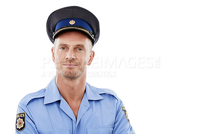 Buy stock photo Security, safety and portrait of police with smile on white background for authority, leadership and pride. Law enforcement, justice and isolated face of guard, policeman and officer happy in uniform