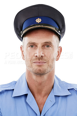 Buy stock photo Studio man, face portrait and police officer for justice law enforcement, safety or army security service. Sheriff profile picture, Ukraine military soldier or crime hero isolated on white background