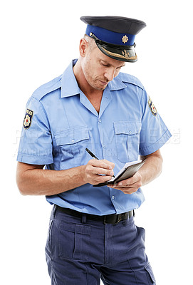 Buy stock photo Parking fine, ticket and police writing on white background with notepad for traffic notice, crime and safety. Justice, law enforcement and isolated policeman, security guard and officer write notes