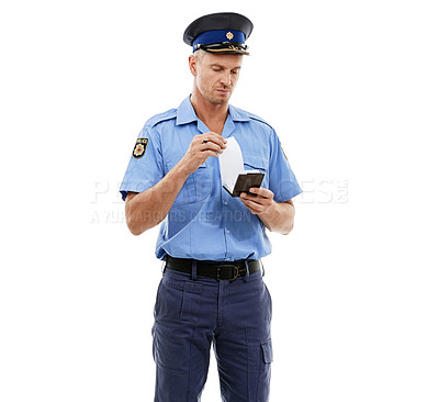 Buy stock photo Ticket, parking fine and police writing on notepad for traffic rule, crime and public service on white background. Justice, law enforcement and policeman, security guard and safety officer with paper