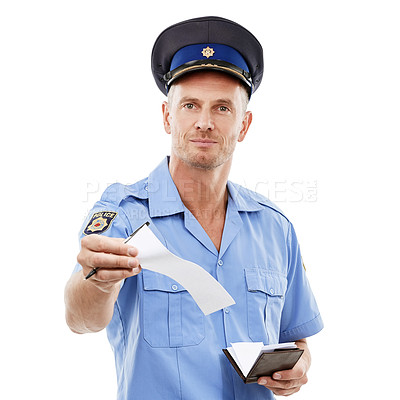 Buy stock photo Law, portrait and police officer with a ticket for a violation isolated on a white background in a studio. Security, guard and man working in safety with a note for a traffic offense on a backdrop