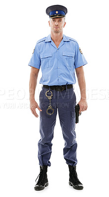 Buy stock photo Studio man, portrait and police officer for justice law enforcement, public safety or security service. Gun, criminal handcuffs or violence protection guard of crime hero isolated on white background