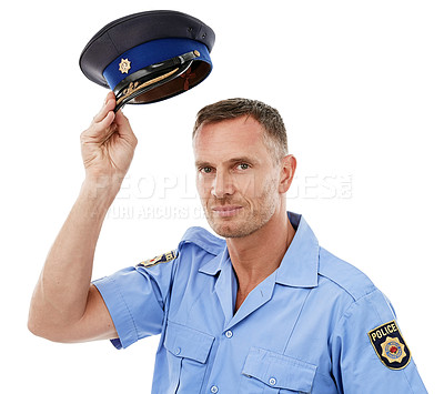 Buy stock photo Portrait, police officer and man isolated on a white background, hat for leadership or safety in studio mockup. Security, law and compliance, professional person or attractive model in legal uniform