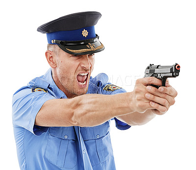 Buy stock photo Angry man, police officer and shooting gun standing isolated on a white studio background. Male security guard or detective holding firearm or weapon screaming the law to stop crime or violence