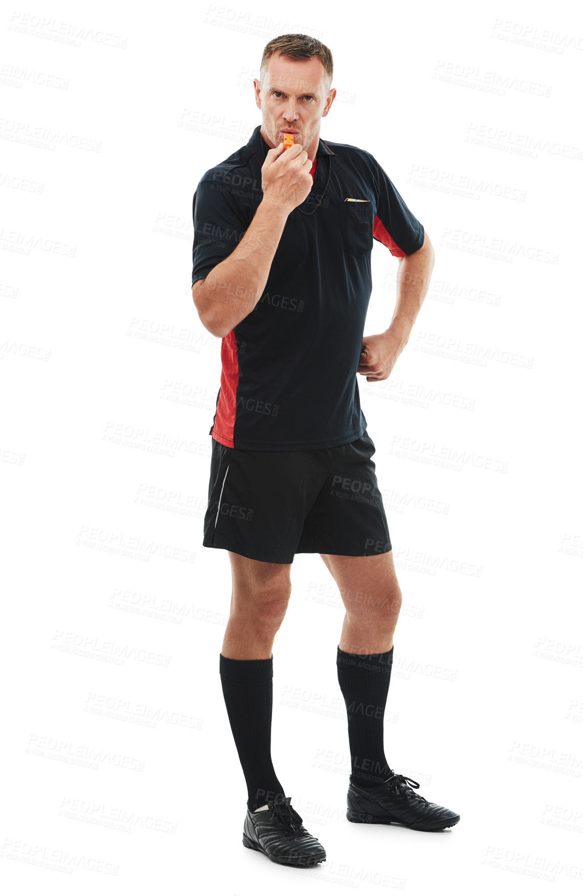 Buy stock photo Referee man, portrait and angry whistle blow, soccer foul and warning in match or game isolated on white background. Sports, fitness and compliance, rules and male in studio with football penalty 