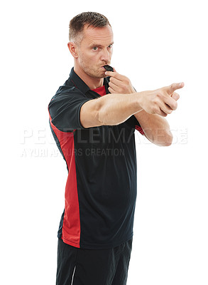 Buy stock photo Referee, sport and man blowing whistle, pointing or gesture 
in studio warning, sign or message on white background. Sports, coach and hand for rules, compliance and caution while training isolated 