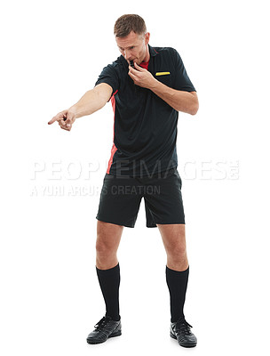 Buy stock photo Sports, whistle and male referee in a studio pointing for a soccer game or exercise training. Fitness, professional and full body of a man coach coaching a football match isolated by white background