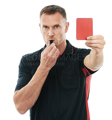 Buy stock photo Referee portrait, red card and whistle for hand warning for soccer rules, penalty or fail in studio. Football coach sign for mistake or caution for competition game isolated on a white background