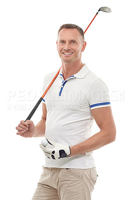 Buy stock photo Sports, golf and portrait of man in studio isolated on a white background ready to start game. Training, golfer and mature male holding ball and club driver for golfing workout, exercise and fitness.