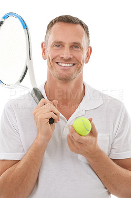 Buy stock photo Tennis sports, portrait and man in studio isolated on white background for exercise. Training, athlete or face of happy mature male with racket and ball ready to start workout for health or wellness.