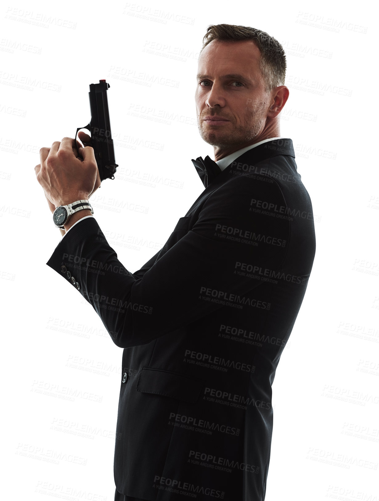 Buy stock photo Spy man, portrait and gun with suit for undercover mission, justice or espionage by white background. Government agent, detective and weapon in studio with designer tuxedo, secret information and job