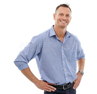 Buy stock photo Portrait, smile and business man in studio isolated on a white background. Boss, ceo and confident, proud and happy middle aged male entrepreneur from Canada with vision, mission and success mindset.