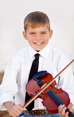 Buy stock photo Art, portrait and child with violin, smile and creative sound, playing audio and young musician with happiness. Music, string instrument and violinist, boy in performance and talent show for children