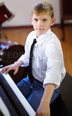 Buy stock photo Child, piano and music for keyboard, serious and confident with attention, musician and band. Portrait, creative and passion with maestro, play or learning for musical, boy or practice concentration
