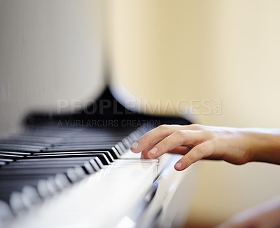 Buy stock photo Child, hands or piano or closeup lesson or music talent development, skill class or performance practice. Young kid, fingers or play key instrument for sound creativity learning, hobby or school show