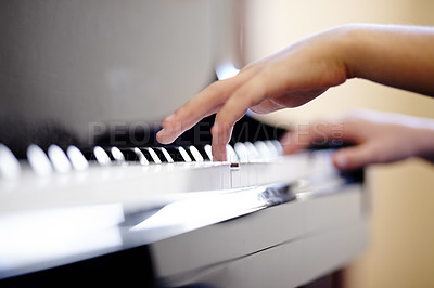 Buy stock photo Child, hands and piano keys or closeup lesson music talent development, skill class or performance practice. Young kid, fingers or play note instrument or sound creativity learn, hobby or school show