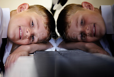 Buy stock photo Young, boy and portrait smile or piano keys talent development, class practice or hobby. Male person, kid or music play instrument note or education rest for performance, sound learn or school show
