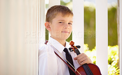 Buy stock photo Young, boy and portrait or violin for performance concert, musician talent show or school recital. Male person, child student and face or bow string instrument outdoor play, orchestra or confident