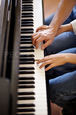 Buy stock photo Child, teacher or piano hands closeup for lesson practice, hobby skill development or talent study. Young student, class tutor or key instrument for education learning, music performance or show play