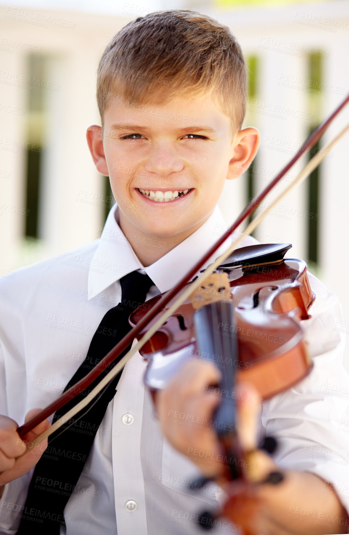Buy stock photo Art, portrait and child with violin outside for creative sound, playing audio and young musician with smile. Music, string instrument and violinist, boy in performance and talent show for children.