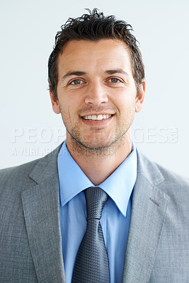 Buy stock photo Portrait, corporate and happy business man isolated on a white studio background. Face smile, professional  employee and confident lawyer, attorney or consultant working in suit for career in Spain