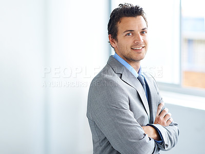 Buy stock photo Portrait, smile or business man with arms crossed in workplace, corporate office or company. Face, professional employee or confident lawyer in suit, attorney pride or worker in Spain on mockup space