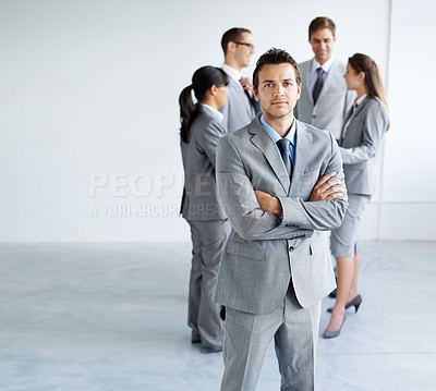 Buy stock photo Business people, arms crossed and portrait of serious man, lawyer or team leader pride, law firm career or job experience. Mockup space, management and advocate collaboration on brainstorming meeting