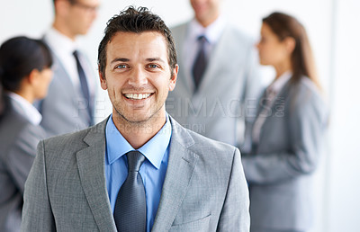 Buy stock photo Business people, leadership smile and portrait man, salesman or boss with pride, management career or bank consultant. Teamwork, project leader and face of advisor happiness for brainstorming meeting