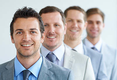 Buy stock photo Business, portrait or men in office with support, trust or partnership, teamwork or collaboration. Leadership, smile or lawyer team face in solidarity for law firm startup, commitment or confidence