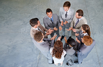 Buy stock photo Group circle, applause and business people celebrate, praise or congratulations for promotion success opportunity. Team building motivation, top view and winner celebration, clap or community support