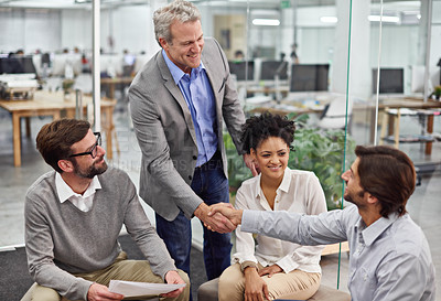 Buy stock photo Business people, handshake and meeting with team for partnership, b2b or agreement at office. Businessman or employees shaking hands for greeting, deal or collaboration in discussion at workplace