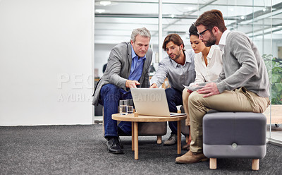 Buy stock photo Business people, laptop and coaching with team for planning, strategy or brainstorming at office. Group of employees on computer with documents for discussion, research and development on mockup