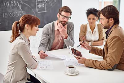 Buy stock photo Meeting, collaboration and business people with tablet in office for planning or strategy together. Teamwork, research on technology with man and woman employee group talking in workplace boardroom