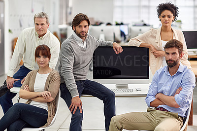 Buy stock photo Modern office, diversity and business people in portrait by computer, confident and technology on table. Web designer, staff and face for collaboration or support and creative in company in workplace