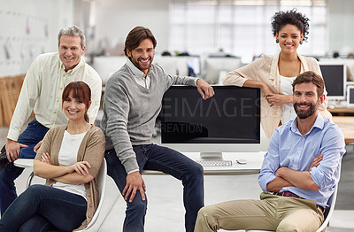 Buy stock photo Modern office, computer and business people in portrait with diversity, confident and technology on table. Web designer, staff and face for collaboration or support and mockup by desktop in workplace