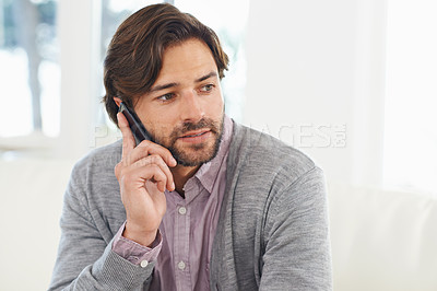 Buy stock photo Man, relax and phone call on sofa with smartphone for conversation, communication and talking for connection. Male person, comfortable and couch with mobile for speaking, connectivity in living room