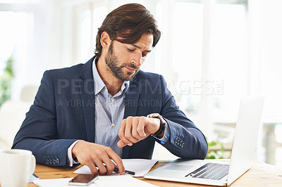 Buy stock photo Check, watch and businessman with schedule in office for appointment or reminder of agenda. Busy, entrepreneur and time management with clock and planning timetable for day in morning with wristwatch