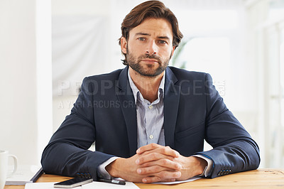 Buy stock photo Desk, confidence and portrait of serious businessman with pride, paperwork and serious financial analyst in office. Consultant, business advisor or man with pride, documents and notes at startup.