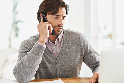 Buy stock photo Laptop, problem and businessman with phone call in office to report a glitch or 404 error with internet. Virtual, communication and frustrated with computer for business and consultation for help