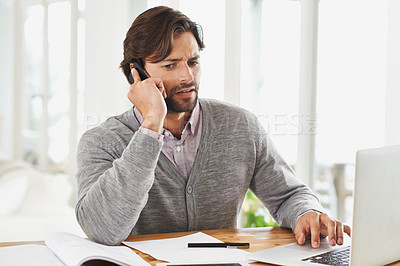 Buy stock photo Laptop, problem and businessman in office with phone call to report a 404, glitch or error with internet. Virtual, communication and frustrated with computer for business and consultation for help
