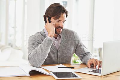 Buy stock photo Angry, businessman and phone call in office with laptop error, glitch or 404 problem with internet. Virtual, communication and frustrated with computer for business and consultation for help