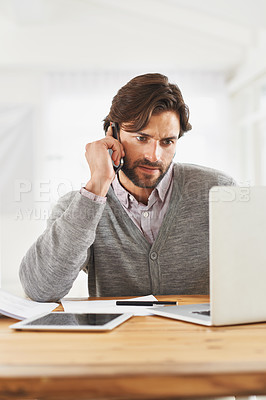 Buy stock photo Frustrated, businessman and phone call in office with laptop to report 404, glitch or error with internet. Virtual, communication and serious problem with computer and consultation for business