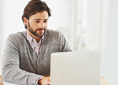 Buy stock photo Journalist, laptop and typing in home office on desk with online, research and information for news. Freelance, remote work and man writer in table for publication with update, report and article
