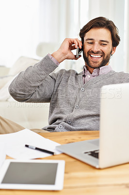 Buy stock photo Writer, laptop and living room in phone call with smile on desk, online and research for information and newspaper. Freelancer, remote work and write for publication with news update and article