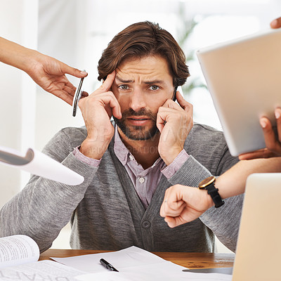 Buy stock photo Businessman, portrait and overworked with hands, chaos and frustrated in workplace for multitasking. Male person, headache and overworked with digital tech, documents and technology for deadline time