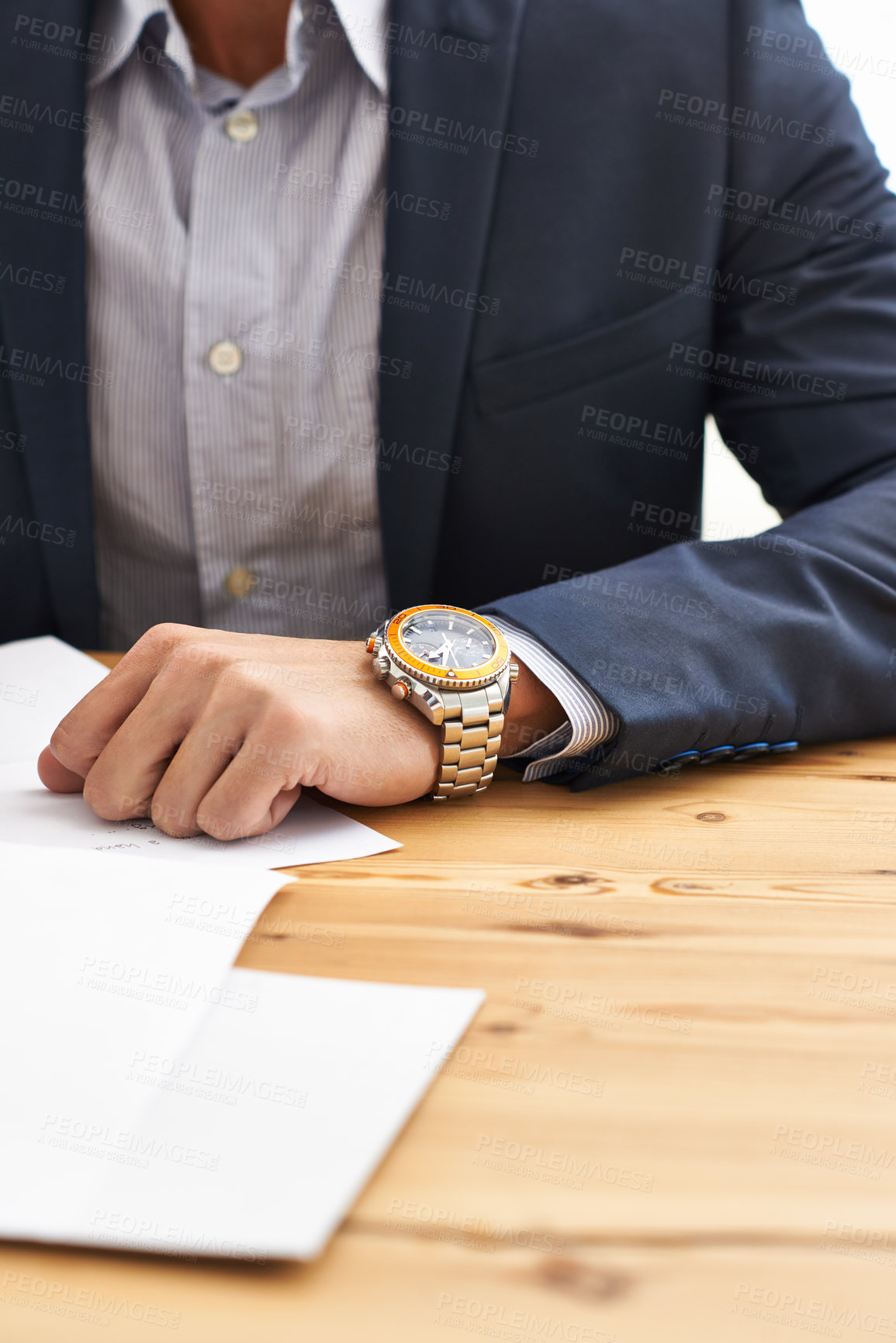 Buy stock photo Man, hand and wristwatch on desk with paperwork for information, notes and deadline for task. Closeup, business and suit with time for schedule on appointment to report, update and give feedback.