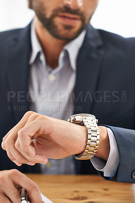 Buy stock photo  Man, hands and wristwatch to check time for deadline at office, desk and schedule for business. Closeup, corporate and appointment for work with commitment, professional and plan for meeting.